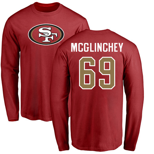 Men San Francisco 49ers Red Mike McGlinchey Name and Number Logo #69 Long Sleeve NFL T Shirt